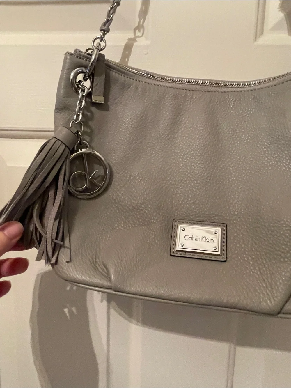 Calvin Klein Gray Pebbled Leather Hobo Shoulder Bag with Tassel & CK Charm